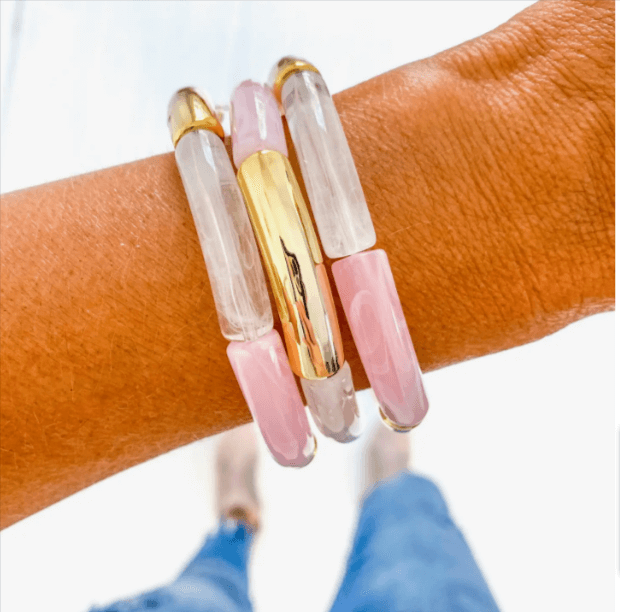 Bracelet Heishi en bambou acrylique Hope (tube en marbre rose clair/or/marbre)