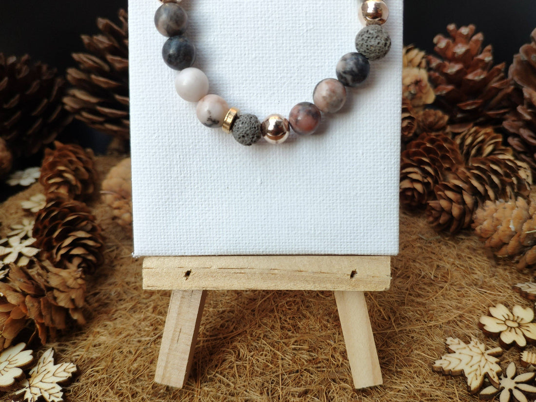 Bracelet en pierre de lave zebra rose