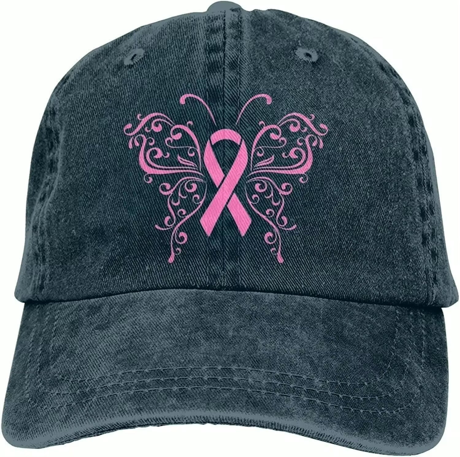 Denim Pink Butterfly Ribbon Baseball Cap