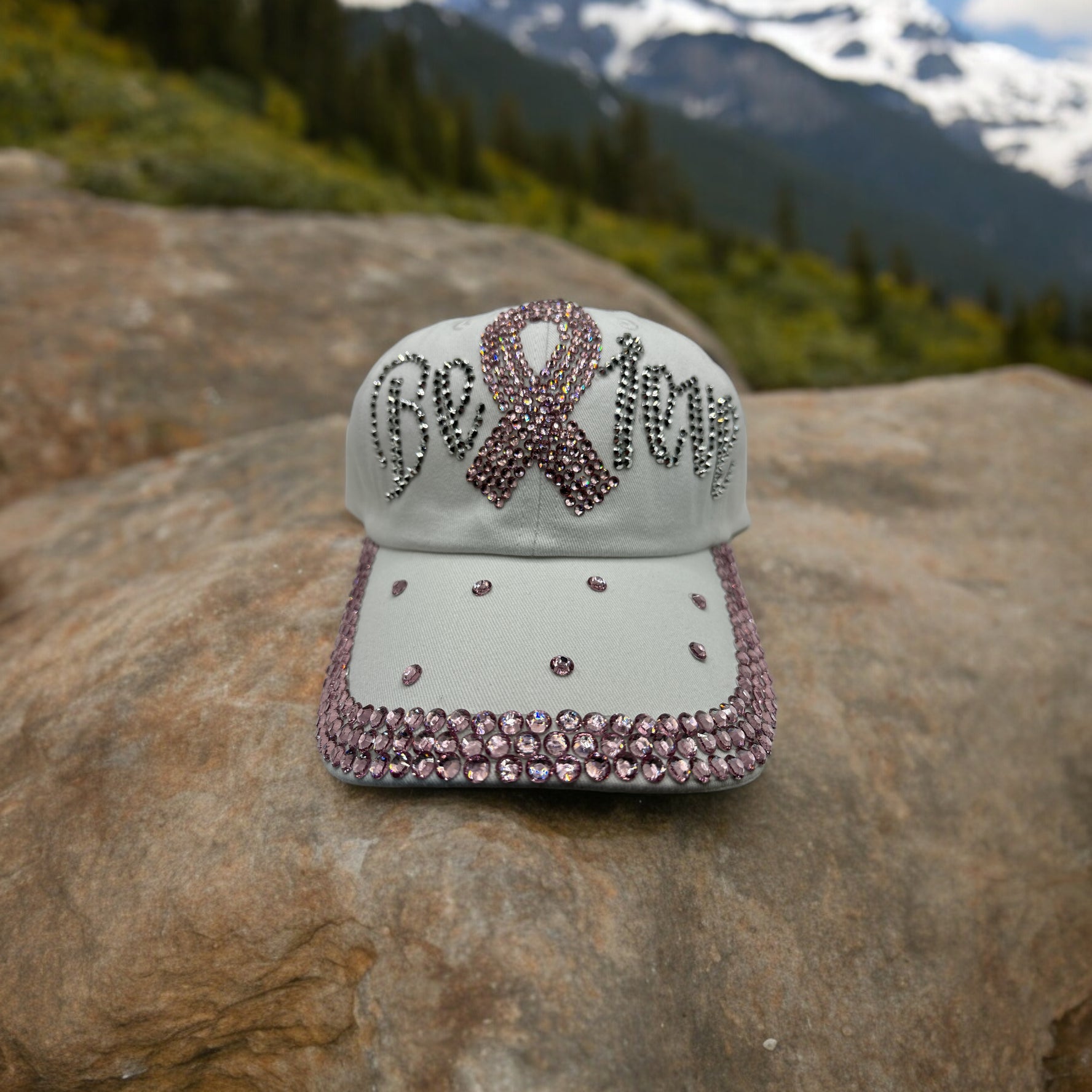 Breast cancer awareness cap with pink ribbon and rhinestones