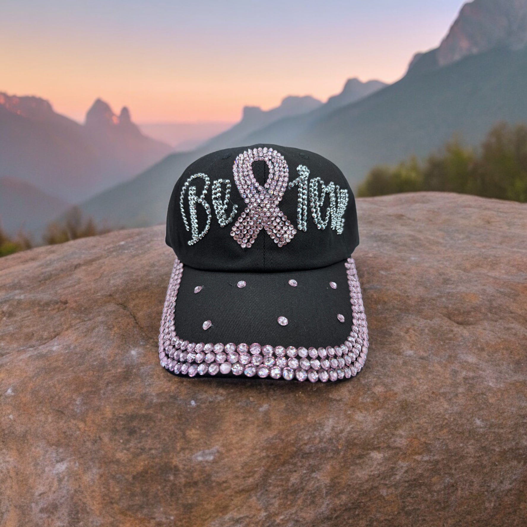 Breast cancer awareness cap with pink ribbon and rhinestones