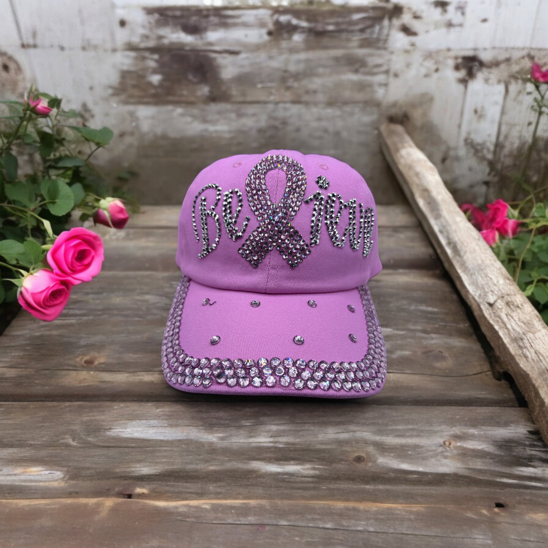 Breast cancer awareness cap with pink ribbon and rhinestones