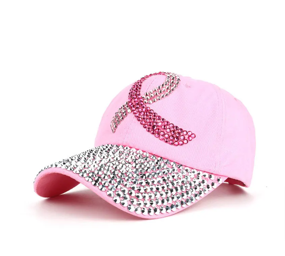 Pink glitter breast cancer logo cap
