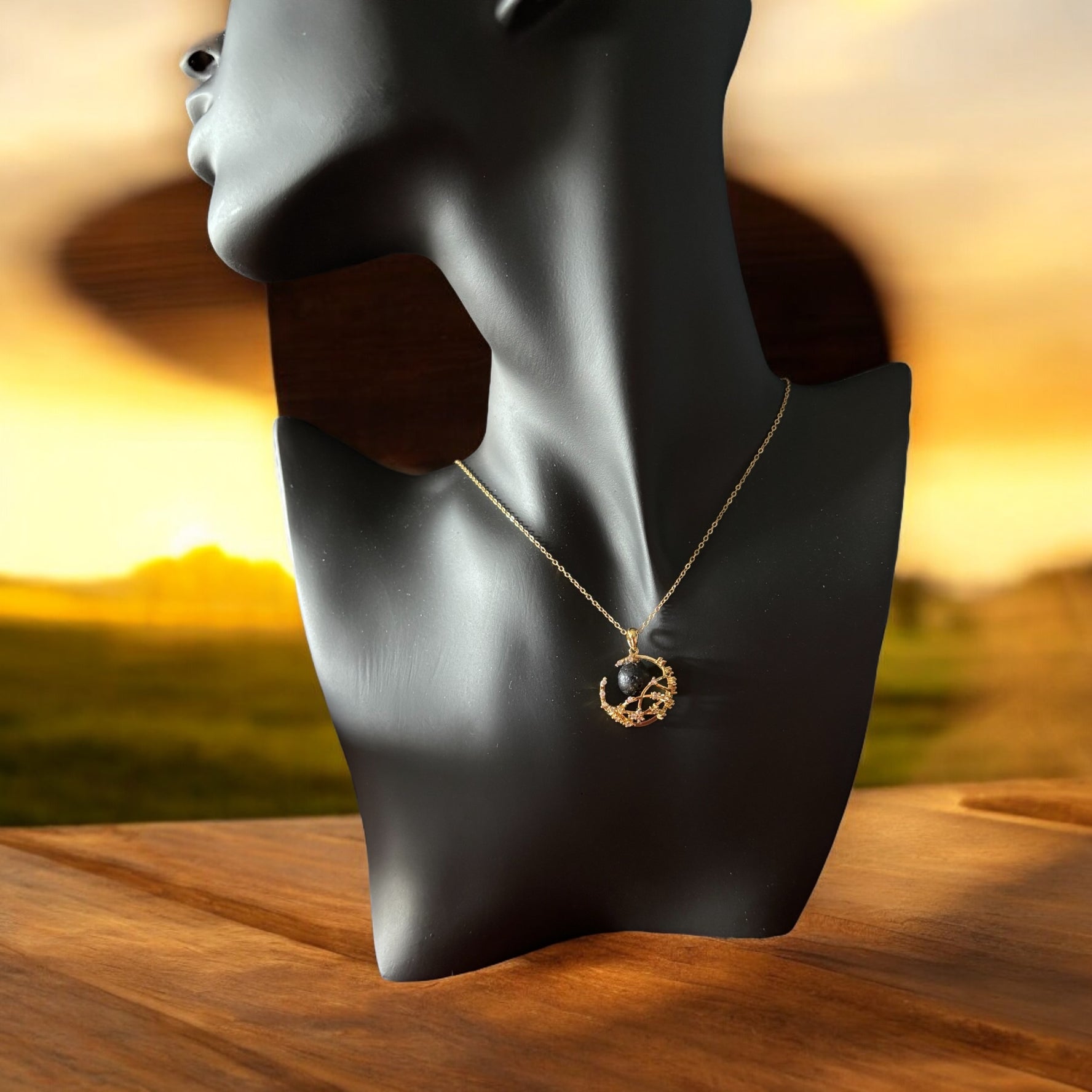 18K gold plated pendant with black lava stone bead