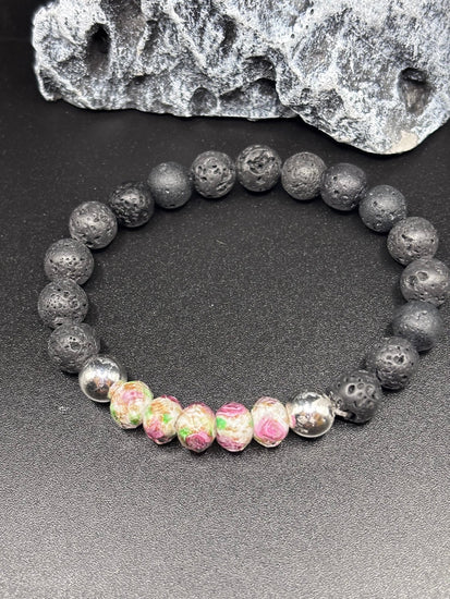 Éclat de rose | Perles de verre avec rose | Bracelet diffuseur -Bracelet- Christiane Constantineau